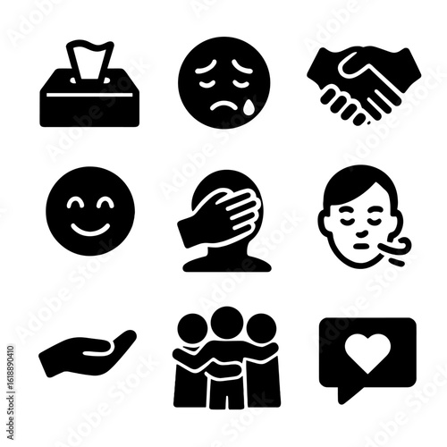 Emotional Support Icons. Solid, filled icon set of emotional support gestures: tissue box, empathy face, handshake, supportive