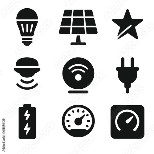 Energy Efficiency Icons. Solid, filled icon set of energy-efficient lighting: LED bulb, solar panel, energy star label, motion