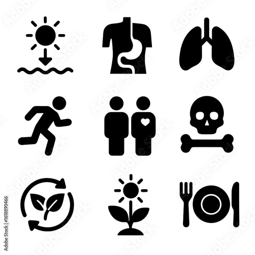 Energy Transfer Icons. Solid, filled icon set of energy transfer processes: absorption, digestion, respiration, movement,