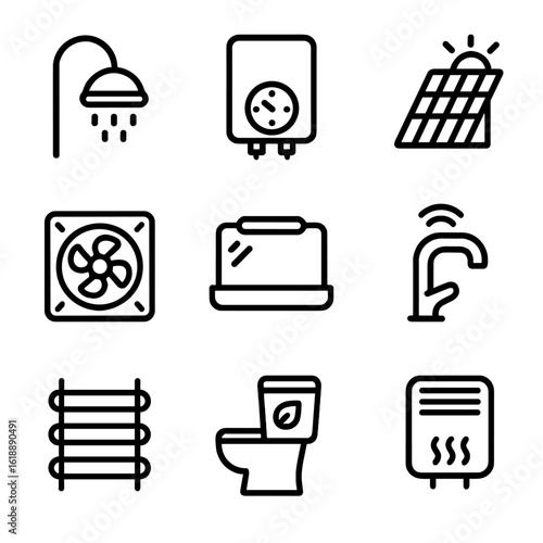Energy-Saving Bathroom Icons. Solid, filled icon set of Energy-saving bathroom appliances: low-flow showerhead, water heater timer