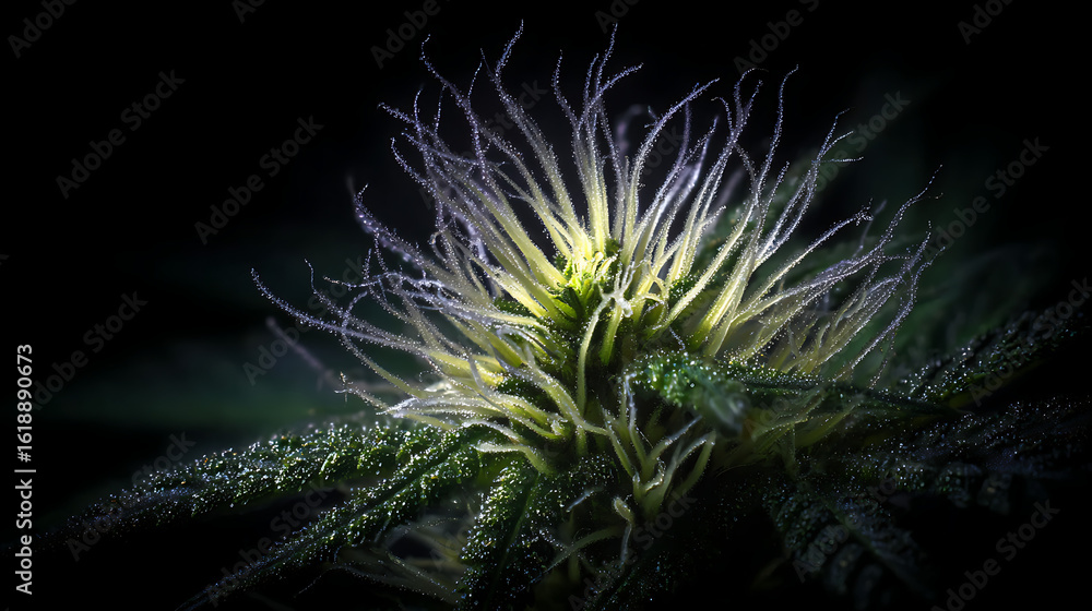 Fototapeta premium Luminous pistils on a cannabis bud with glistening trichomes flower