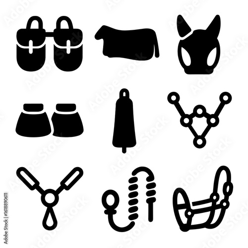 Equestrian Icon Set. Solid, filled icon set of equestrian accessories: saddle bags, horse blanket, fly mask, bell boots, tail bag,