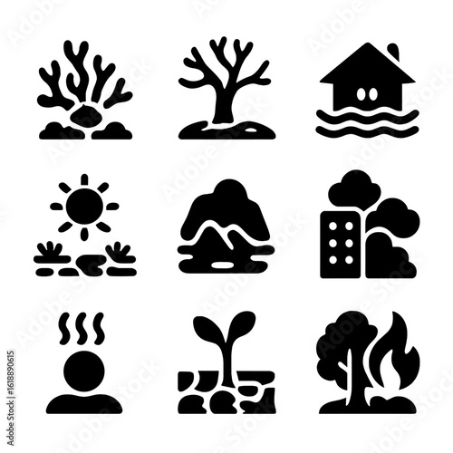 Environmental Icons Set. Solid, filled icon set of environmental consequences: coral bleaching, dry tree, desertification, flooded