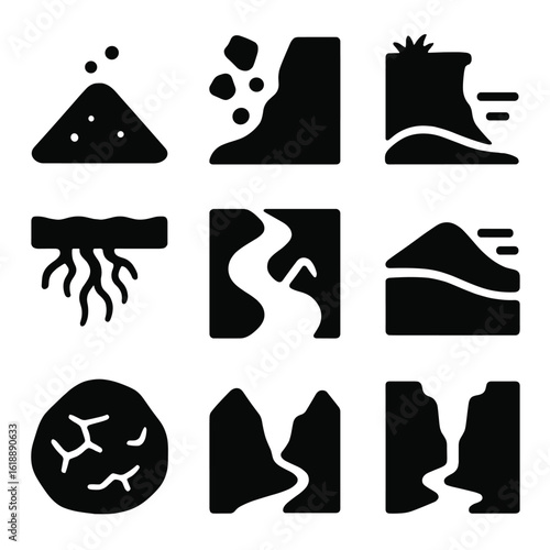Erosion Icon Set. Solid, filled icon set of erosion effects: sediment deposit, landslide, cliff retreat, soil loss, riverbank