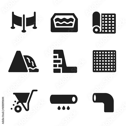 Erosion Control Icons. Solid, filled icon set of erosion control equipment: silt fence, sediment basin, erosion control mat, check