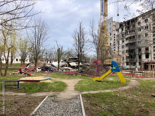 Kharkiv, Ukraine - summer 2022–2025: Destroyed and burned apartments in a multi-storey residential building. Residential area Saltovka. War in Ukraine.