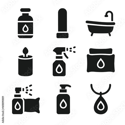 Essential Oil Icons. Solid, filled icon set of essential oil uses: massage bottle, inhaler, bath tub, candle, spray bottle,