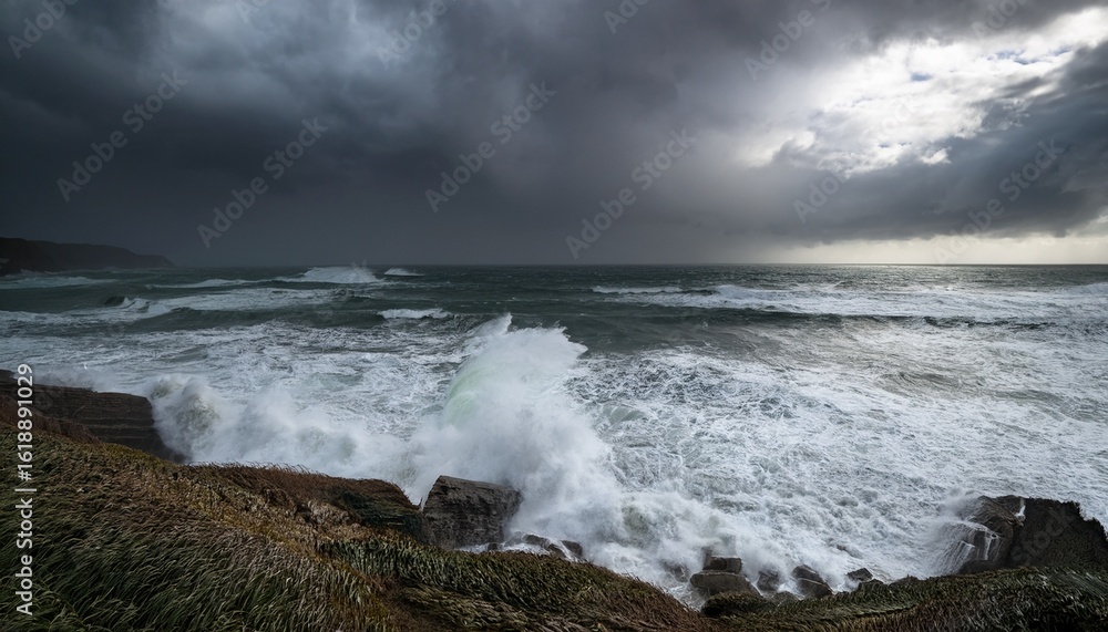 powerful waves surge against the shore as dark clouds hover over a stormy coastline powerful waves surge against the shore as dark clouds hover over a stormy coastline