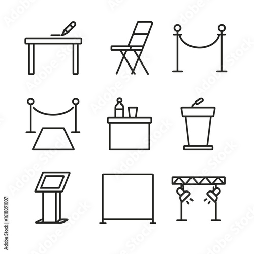 Event Setup Icons. Outline icon set of venue setup: signing table, folding chair, velvet rope, carpet runner, refreshment stand,