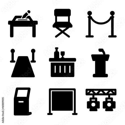 Event Setup Icons. Solid, Filled icon set of venue setup: signing table, folding chair, velvet rope, carpet runner, refreshment
