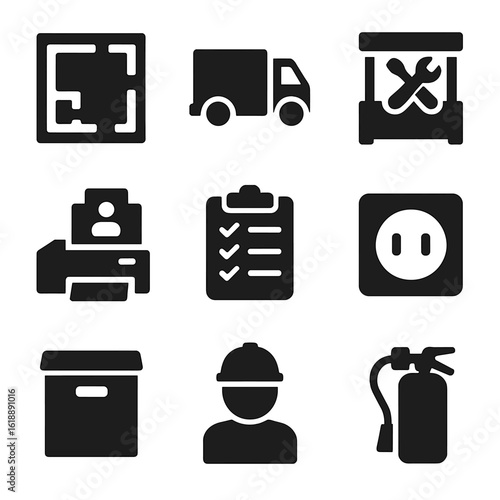 Event Planning Icons. Solid, filled icon set of event planning and logistics: floor plan, truck delivery, booth setup tools, badge