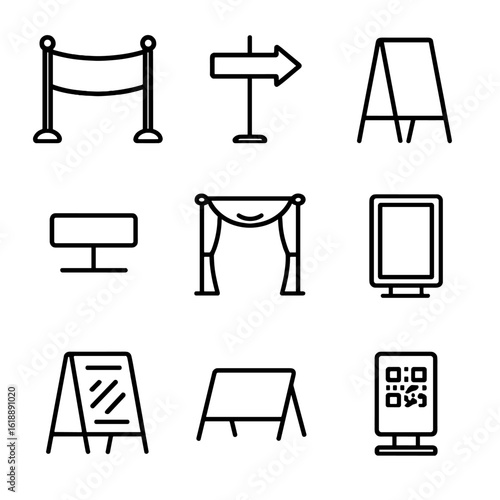 Event Signage Icons. Outline icon set of event signage: welcome banner, directional arrow, standee, nameplate, backdrop curtain,