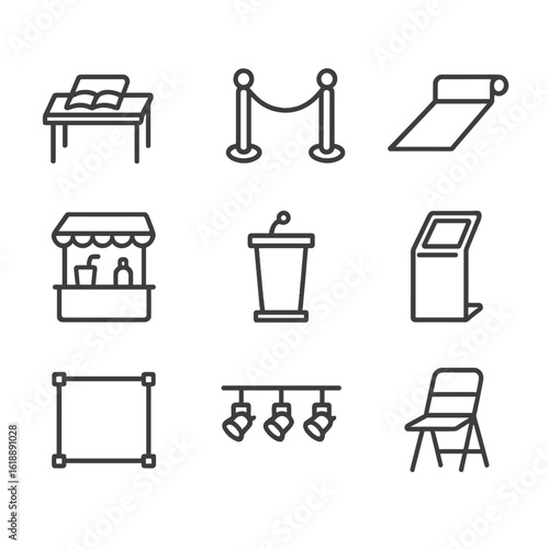 Event Setup Icons. Outline icon set of venue setup: signing table, folding chair, velvet rope, carpet runner, refreshment stand,