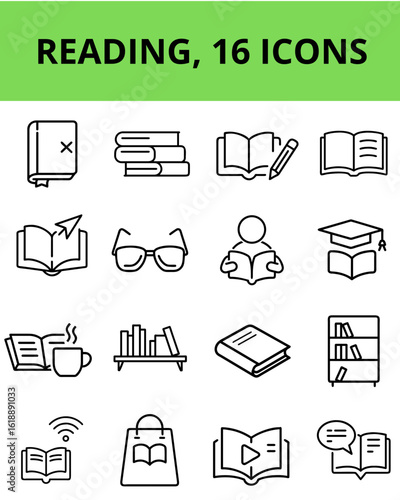 Set of 16 vector icons related to reading