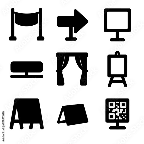 Event Signage Icons Grid. Solid, Filled icon set of event signage: welcome banner, directional arrow, standee, nameplate, backdrop