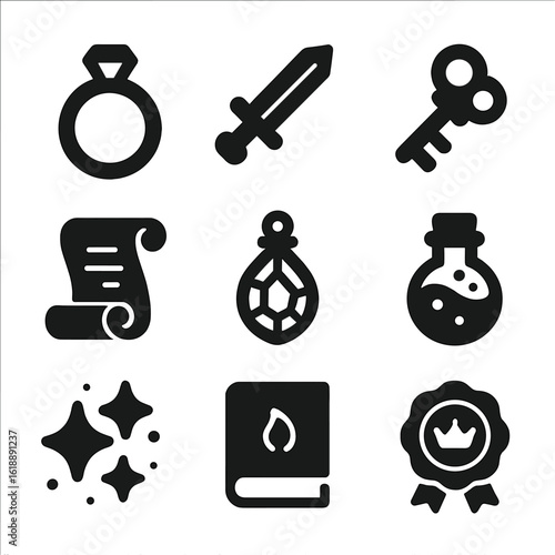 Fairy-Tale Artifacts Icons. Solid, filled icon set of fairy-tale artifacts: magic ring, enchanted sword, golden key, spell scroll,