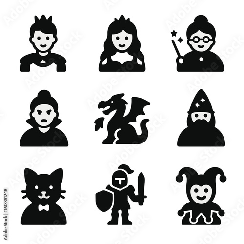 Fairytale Icon Grid. Solid, filled icon set of fairytale characters: prince charming, princess, fairy godmother, evil stepmother,
