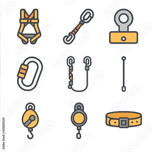 Fall Protection Icons. Flat icon set of fall protection: safety harness, lanyard, anchor point, carabiner, shock-absorbing rope,