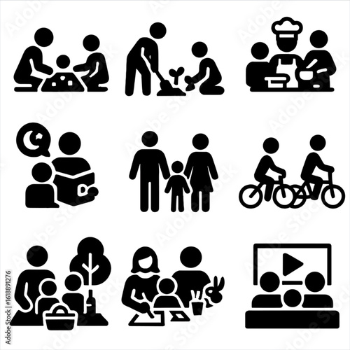 Family Activity Icons. Solid, filled icon set of shared family activities: playing board games, gardening, cooking together,