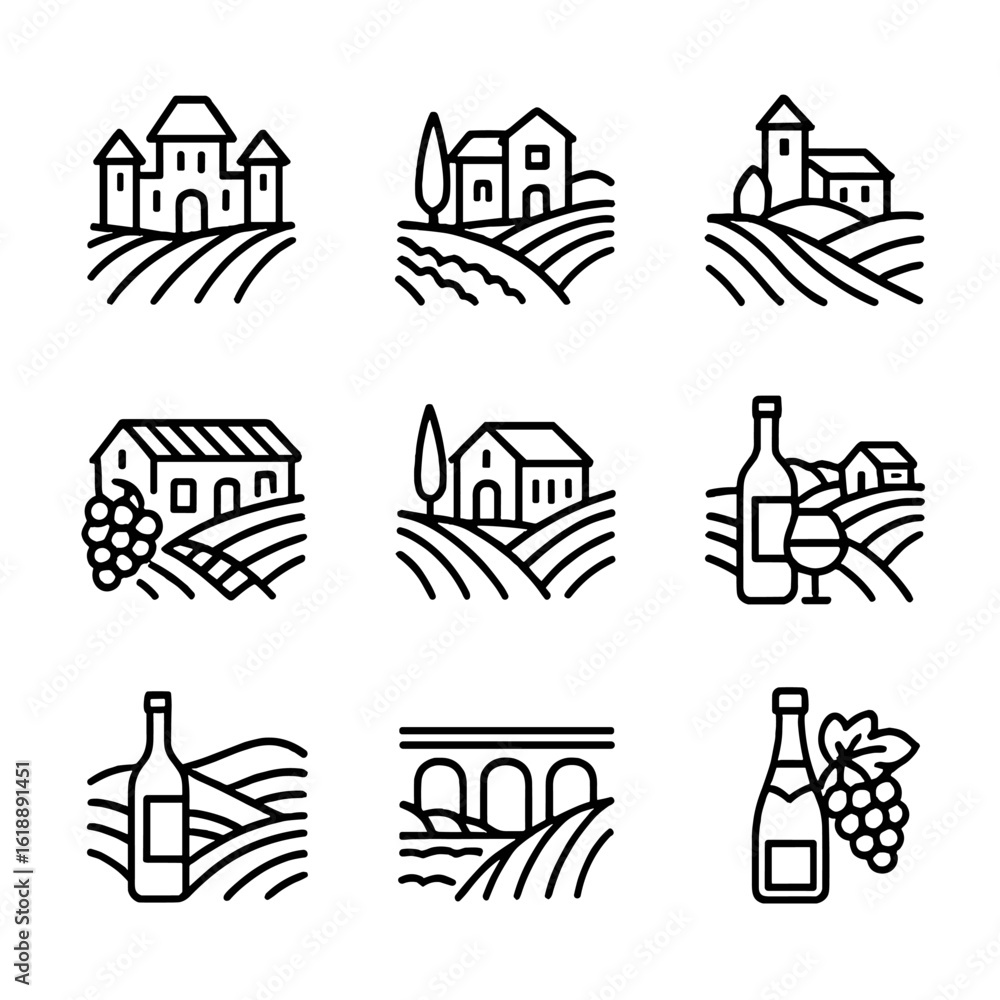 Fototapeta premium Famous Wine Regions Icons. Outline icon set of famous wine regions: Bordeaux, Napa Valley, Tuscany, Rioja, Barossa Valley, Mosel,