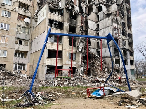 Kharkiv, Ukraine - summer 2022–2025: Destroyed and burned apartments in a multi-storey residential building. Residential area Saltovka. War in Ukraine.