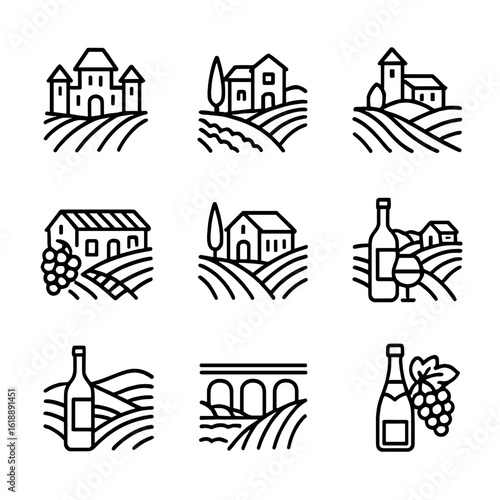Famous Wine Regions Icons. Outline icon set of famous wine regions: Bordeaux, Napa Valley, Tuscany, Rioja, Barossa Valley, Mosel,