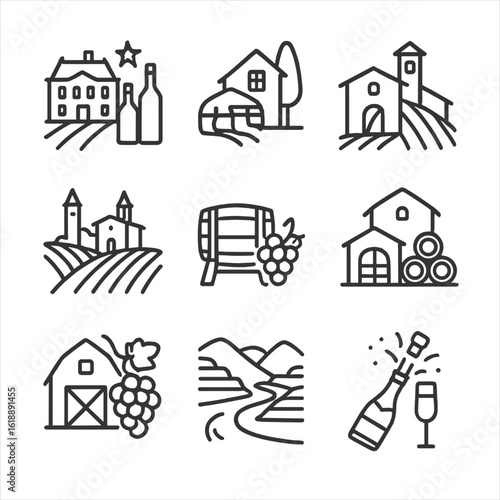 Famous Wine Regions Icons. Outline icon set of famous wine regions: Bordeaux, Napa Valley, Tuscany, Rioja, Barossa Valley, Mosel,