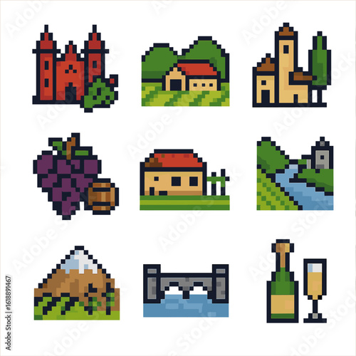 Famous Wine Regions Icons. Pixel art icon set of famous wine regions: Bordeaux, Napa Valley, Tuscany, Rioja, Barossa Valley, Mosel