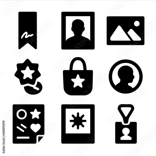 Fan Memorabilia Icons. Solid, Filled icon set of fan memorabilia: signed bookmark, author photo, commemorative postcard, enamel
