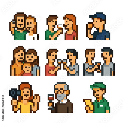 Festival Icon Set. Pixel art icon set of festival visitors: group selfie, couple clinking, solo taster, family trio, friends