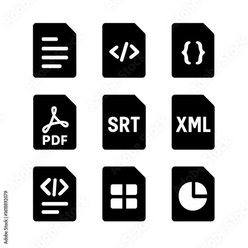 File Format Icons. Solid, Filled icon set of input and output formats: plain text, HTML file, JSON payload, PDF document, subtitle