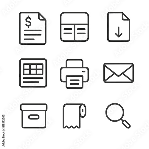 Financial Icons Grid. Outline icon set of account documentation: bank statement page, passbook, account summary sheet, PDF