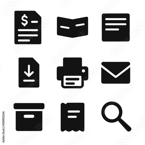 Financial Icons Grid. Solid, Filled icon set of account documentation: bank statement page, passbook, account summary sheet, PDF