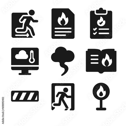 Fire Safety Icons. Solid, filled icon set of fire safety procedures: evacuation route, burn permit, pre-burn checklist, weather