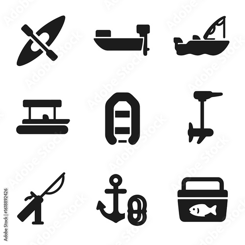 Fishing Boat Icons. Solid, filled icon set of fishing boats: kayak, jon boat, bass boat, pontoon, inflatable boat, trolling motor,
