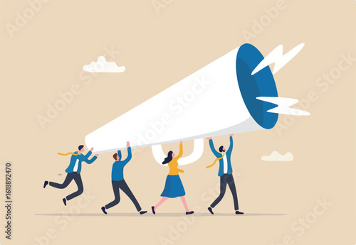 Marketing communication, announce promotion or communicate with employees, community or organization speech, loud voice or announcement concept, business people PR public relation shout on megaphone