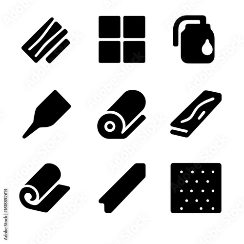 Flooring Icon Set. Solid, filled icon set of flooring supplies: laminate plank, ceramic tile, floor adhesive, grout bag,