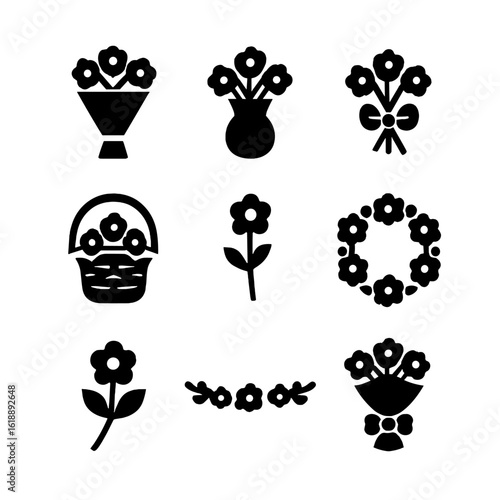 Floral Icon Set. Solid, filled icon set of floral arrangements: bouquet, vase, ribbon tied flowers, flower basket, single stem,