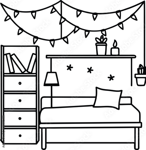 dorm with fairy lights tidy bed and shelf