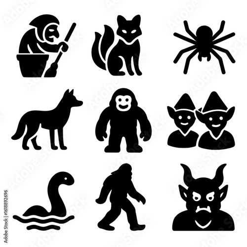 Folklore Icon Grid. Solid, Filled icon set of folklore characters: Baba Yaga, Kitsune, Anansi, Coyote, Yeti, Elves, Loch Ness