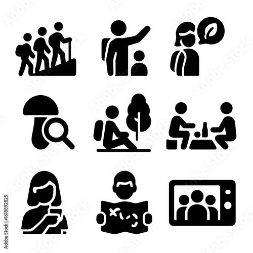Foraging Tour Icons. Solid, filled icon set of foraging tour activities: group hike, guided walk, nature talk, mushroom ID, trail