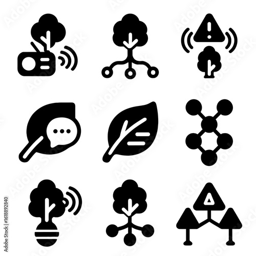Forest Communication Icons. Solid, filled icon set of forest communication systems: tree radio icon, root network map, warning