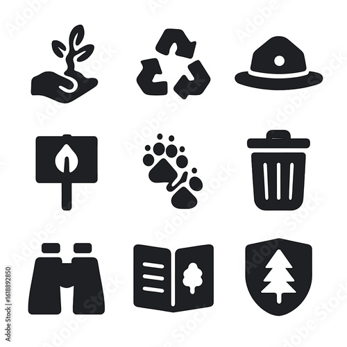 Forest Conservation Icons. Solid, filled icon set of forest preservation: tree planting, recycle symbol, ranger hat, nature sign,