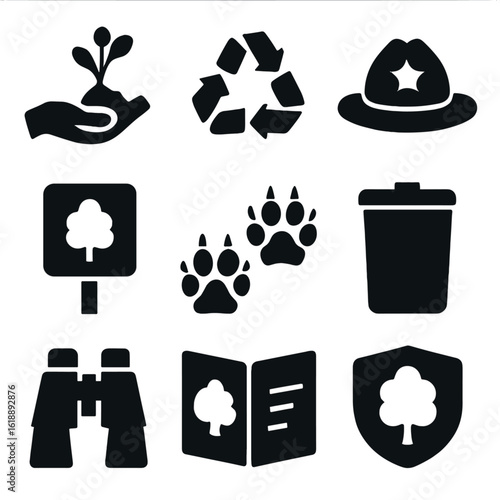 Forest Conservation Icons. Solid, filled icon set of forest preservation: tree planting, recycle symbol, ranger hat, nature sign,