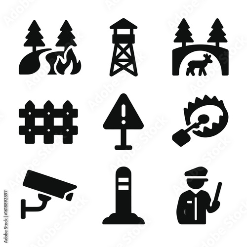 Forest Protection Icons. Solid, filled icon set of forest protection measures: firebreak, ranger tower, wildlife crossing, fence,