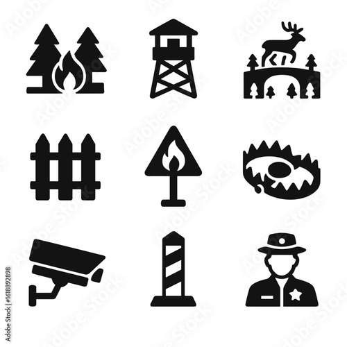 Forest Protection Icons. Solid, filled icon set of forest protection measures: firebreak, ranger tower, wildlife crossing, fence,
