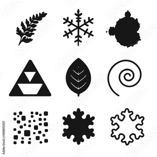 Fractal Pattern Icon Set. Flat icon set of fractal form patterns: fern fractal, snowflake branch, mandelbrot set, sierpinski
