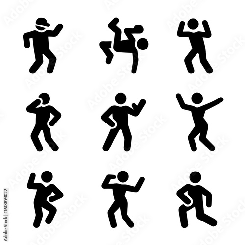 Freestyle Dance Icons. Solid, filled icon set of freestyle dance styles: hip hop, breakdance, krumping, locking, popping, waacking