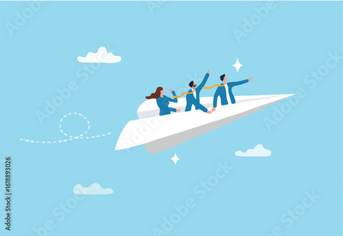 Team winning business achievement, teamwork working together, company direction, leadership strategy, motivation, aspirations concept, manager lead business people employee on paper airplane origami