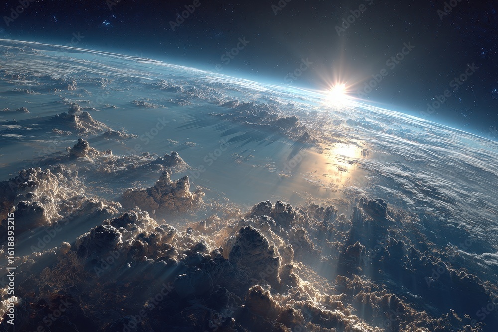 Fototapeta premium Earth view from space at sunrise with sun rays penetrating clouds, revealing a beautiful atmospheric perspective and the vastness of the cosmos